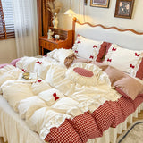 100% Cotton Korean Princess Style Bow Plaid Lace Ruffles Patchwork Bedding Set Duvet Cover Set Bed Skirt Bedspread Pillowcases