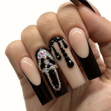 24Pcs Halloween Black Ghost Long Ballet False Nails With Heart Blood Design Halloween Press On Nails Detachable Full Cover Nails