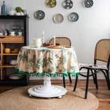 Round Tablecloth with Tassels Table Cloth Korean Cotton Linen Green Pine Table Cover Home Party Decoration Farmhouse Tabledecor