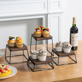 Set of 4 Wood Buffet Risers, Square Retail Food Display Risers for Party, Burnt Wood & Black Metal Wire Pizza Stands for Serving