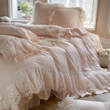 1200TC Egyptian Cotton Lace Ruffles Princess Wedding Style Pink Bedding Set Duvet Cover Flat/Fitted Bed Sheet Pillowcases 4Pcs