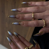 24pcs Wearable French False Nails Art Ocean Long Almond Fake Nail Tip Pearl Design Press on Nails Gradient White Full Cover Nail