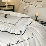 Luxury Egyptian Cotton French Princess Wedding Bedding Set Ruffles Black Edge Jacquard Duvet Cover Bed Sheet Pillowcases
