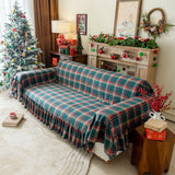 Gingham Sofa Cover with Ruffled Hem Elastic Machine Edges Washable for New Christmas Year Family Gathering Decorative Throw