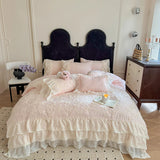 4Pcs French Vintage Princess Style Embroidered Chiffon Lace Ruffle Luxury Bedding Set Queen Size Quilt Cover 200X230