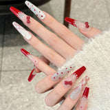 10pcs Plaid Cat's Eye Handmade Fake Nails Long Coffin Wine Red Bowknot Decor Press On Nails Removable French False Nails Ballet