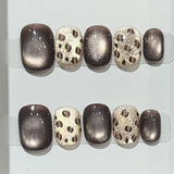10Pcs Short French Handmade Press on Nails Full Cover Retro Cat Eye Design Artificial False Nails Ballerina Wearable Manicure