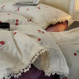 Korean Style Vintage Cherry Bedding Sets for Girls New Washed Cotton Duvet Cover With White Lace Trim Sheet Pillowcases