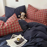 Bedding Set Ins Ambiance Blue Coffee Grid Mixed With Washed Cotton Minimalist Four Piece Set Fitted Sheets Duvet Cover