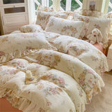 Flower Skin-friendly Bedding Set Class A Washed Cotton Duvet Cover Set Lace Ruffles Quilt Cover Soft Cover Bed Linen Pillowcases