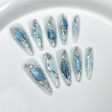 10Pcs Long Handmade Press on Nails Full Cover Shiny Cat Eye French Almond False Nails Wearable Manicure Nail Tips Spice Girls