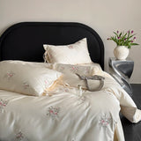 Pink Flowers Embroidery Bedding Set Egyptian Cotton Single Queen King Size Duvet Cover Flat/Fitted Bed Sheet Pillowcases 3/4Pc