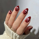 24pcs French Simple Wine Red Fake Nails New Year Almond Press on Nails Valentine Bownot Designs Wearable Acrylic False Nail Tips