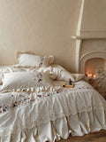 Vintage French Large Lace Ruffles Floral Embroidery Linen Cotton Bedding Set Duvet Cover Flat/Fitted Bed Sheet Pillowcases 4Pcs