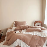 Vintage French Lace Embroidery Bedding Set 100% Cotton Wrinkled Yarn Soft Duvet Cover Set Flat/Fitted Bed Sheet Pillowcases 4Pcs