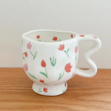 Floral Ceramic High Footed Mug Coffee Cup Hand Pinched Irregular Flower Milk Tea Cup Oatmeal Breakfast Mug Juice Cups Drinkware