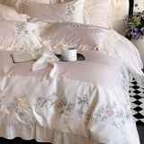 Chic Flower Embroidery Ruffles Princess Bedding Set 1000TC Egyptian Cotton Duvet Cover Flat/Fitted Bed Sheet Pillowcases 4Pcs