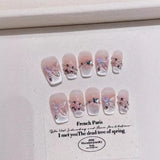 10pcs Glossy Handmade Fake Nails Glitter Purple Coffin Press on Nails Golden Lines with Cat Eye Butterfly Design False Nails Tip