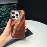 Retro Fashion Brown Smudging Silk Satin Texture Glossy Protective Phone Case Cover for iPhone 17 16 15 14 13 Pro Max