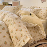 3/4Pcs Vintage French Fresh Floral Lace Ruffles 100% Cotton Bedding Set Duvet Cover Bed Skirt/Bed Sheet/Fitted Sheet Pillowcases