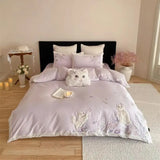 60S Egyptian Cotton Cute Cat Embroidery Purple Floral Butterfly Bedding Set Duvet Cover Bed Sheet/Fitted Sheet Pillowcases 3/4Pc