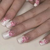 24Pcs Flower Fake Nails Pink French Tip Press on Nails Short Square Wearable False Nail for Women DIY Wearable Artificial Nails