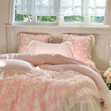 Three-Dimensional Rose Flowers Lace Ruffles Princess Wedding Bedding Set Warm Milk Velvet Duvet Cover Bed Sheet Pillowcases 4Pcs