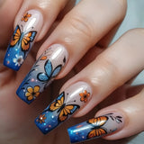 Flower Press on Nails Short Square Fake Nails with Pink Checkered Stick on Nail Cute Acrylic False Nail Spring Summer Nails