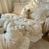 Korean Princess Style Flowers Print Ruffles 100% Cotton Bedding Set Duvet Cover Plaid Flat/Fitted Bed Sheet Pillowcases 3/4Pcs