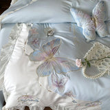 Vintage French Lace Ruffles Butterfly Embroidery Bedding Set 100S Egyptian Cotton Duvet Coves Bed Sheet Pillowcases