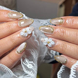 False Nails 3D Flower Pearl Press on Fake Nails Irregular Gilded Flower False Nails Rhinestone Pearl Wearable Press on Nails 30