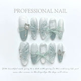 10pcs Detachable Gradient Blue Press on Acrylic Nails Coffin Fake Nails with Heart Designs Handmade High Quality Stick on Nails