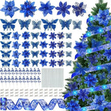 Blue Artificial Flowers Christmas Tree Decoration Glitter Star Light Berries Snowflakes Bow for Home Decor New Year Ornaments
