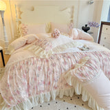 3/4Pcs Princess Style Pink Floral Print Lace Ruffle Boiled Cotton Bed Set Queen Size Double Bed Linen Full-Size For Room