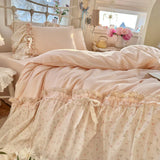 3/4Pcs Bedding Set French-Inspired, Girly, Princess-Style Bows and Lace Pink Duvet Cover Pillowcase Bedding Full Set Double Bed