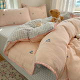 3/4PCS Ins Peach Bedding Set Grey Grid Cherry Embroidery Shell Seam Edge Double-layer Yarn Super Soft Comfortable Bedroom Decor