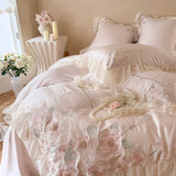 Flowers Embroidery Lace Ruffles Wedding Bedding Set Lyocell Silky Cooling Duvet Cover Set Flat/Fitted Bed Sheet Pillowcases 4Pcs
