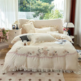 Premium Egyptian Cotton Flowers Embroidery Lace Ruffles Princess Bedding Set Duvet Cover Set Flat/Fitted Sheet Pillowcases 4Pcs