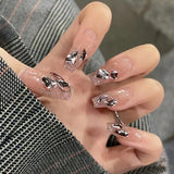24pcs Gradient Nude Color Fake Nails Medium Coffin False Nails Ballet Heart Pink Diamond Press on Nails Cute Sweet Bowknot Nail