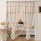French Vintage Embroidered Lace Beige Sheer Curtain,Three-Tiered Cake Skirt Valance Sheer Voile For Living Room,Bedroom Windows