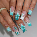 Blue Gradient French Press on False Nail with Glue 3D Sweet Flower Ripple Medium Square Fake Nails Fashionable Fake Nails 24Pcs