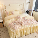 3/4Pcs Princess Style Pink Floral Print Lace Ruffle Boiled Cotton Bed Set Queen Size Double Bed Linen Full-Size For Room