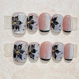 10Pcs Red Black Handmade Press on Nails Full Cover Shiny Cat Eye Flower Rose Sweet Cool French Short Ballet Wearable False Nails