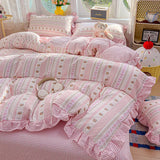 3/4Pcs Bedding Set Korean Princess Ruffle Cute And Whimsical Plaid Cat Cartoon Style Bed Sheets Kawaii Linen 2 Bedroom Cotton