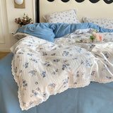 Floral Bedding Set Lace Trim Simple Fresh Elegant Flat Fitted Sheet With Pillowcases Soft Washed Cotton For Women Girl Gift