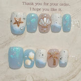 10Pcs Blue Sea Summer  Press on Nails with Hand Drawn Shell Pearl Starfish Designs Nail Art Reusable Handmade French False Nails