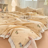 Ikeehome  new hollow lace wrinkled cotton four-piece set household student dormitory three-piece set bed sheet quilt cover