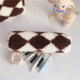 Fashion Plush Stripe Style Pencil Case Large Capacity Pen Bag Cosmetic Pouch Storage Box Student School Stationery Supplies