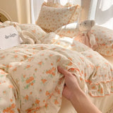 French Country Bedding Set - Ruffled Duvet Cover + Pillowcases (Queen Size, Soft Girls' Quilt-Style Decor)