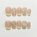 10Pcs Handmade Press on Nails Full Cover Bow Tie Design Short Butterfly French Pearl Ballerina Fake Nails Wearable Nail Tips Art